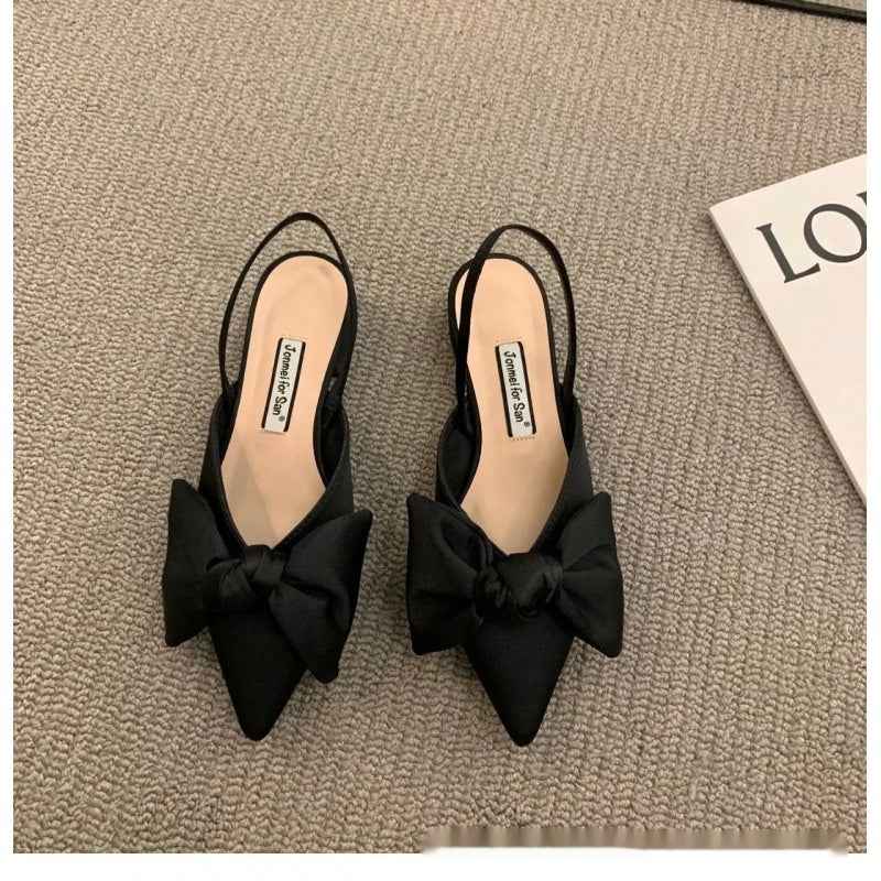 French-style Pointed-toe Bow-embellished Closed-toe Sandals For Women