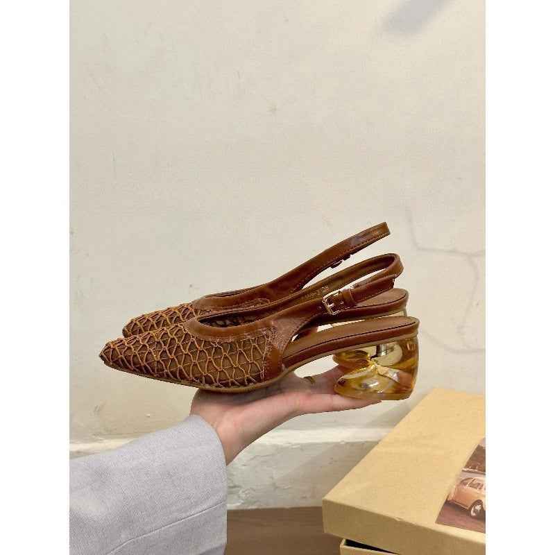 Square Toe Woven Toe Cap Slingback Sandals Women