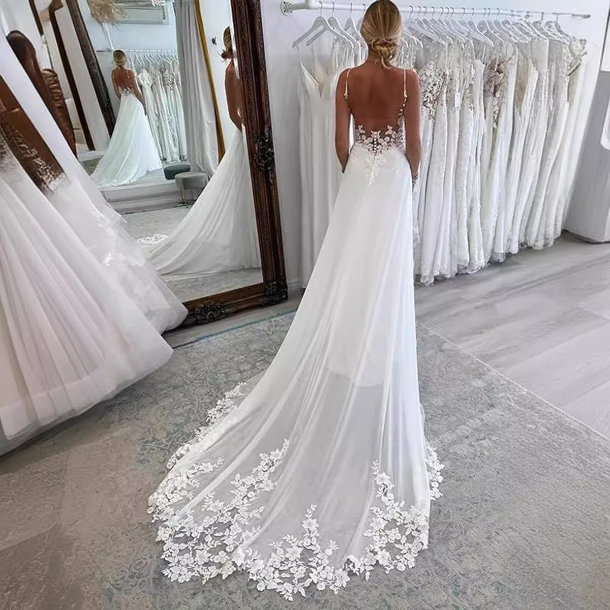 Strap Fishtail Wedding Dress Bridal Slim Satin Lace Dress by Mirlaine Univers