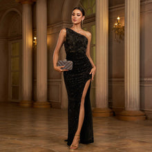 One-shoulder Slant Collar Sequined Slim-fit Sheath Banquet Split Evening Dress by Mirlaine Univers