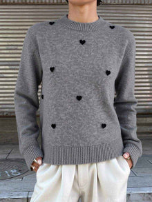 Womens Crew-Neck Pullover Heart Jacquard Knitted Sweater