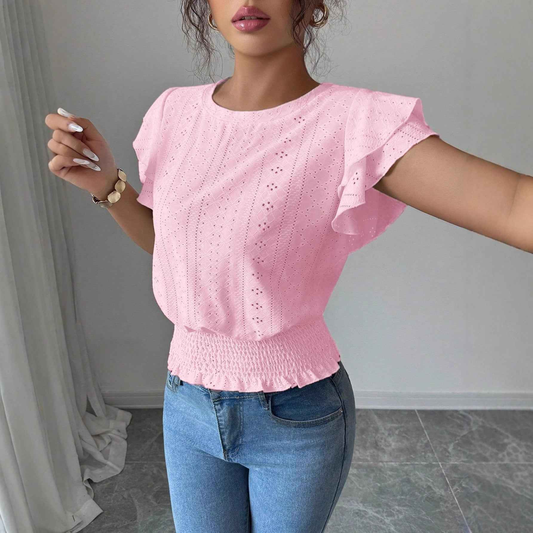 Jacquard Solid-color Crewneck Ruched Batwing-sleeve Short-sleeve Shirt