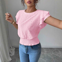Jacquard Solid-color Crewneck Ruched Batwing-sleeve Short-sleeve Shirt