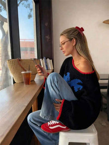 Retro Contrasting Color Jacquard Knit Loose Casual Sweater