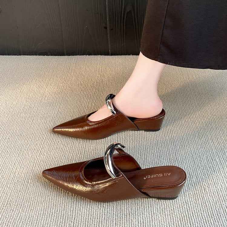 Elegant Pointed Toe Metal One-Strap Mules 2025 Summer New Wedge Heel Platform Sandals For Women