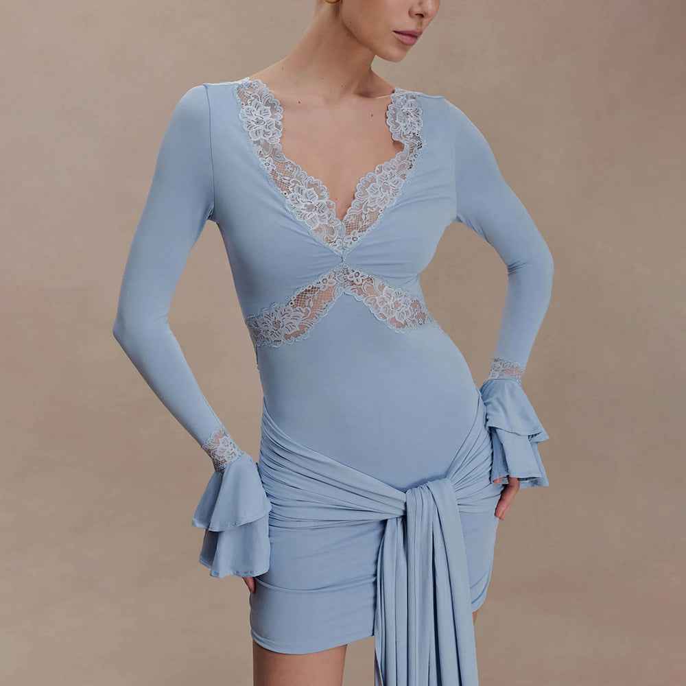Womens Lace-trimmed Flare-sleeve Bodycon Backless Dress