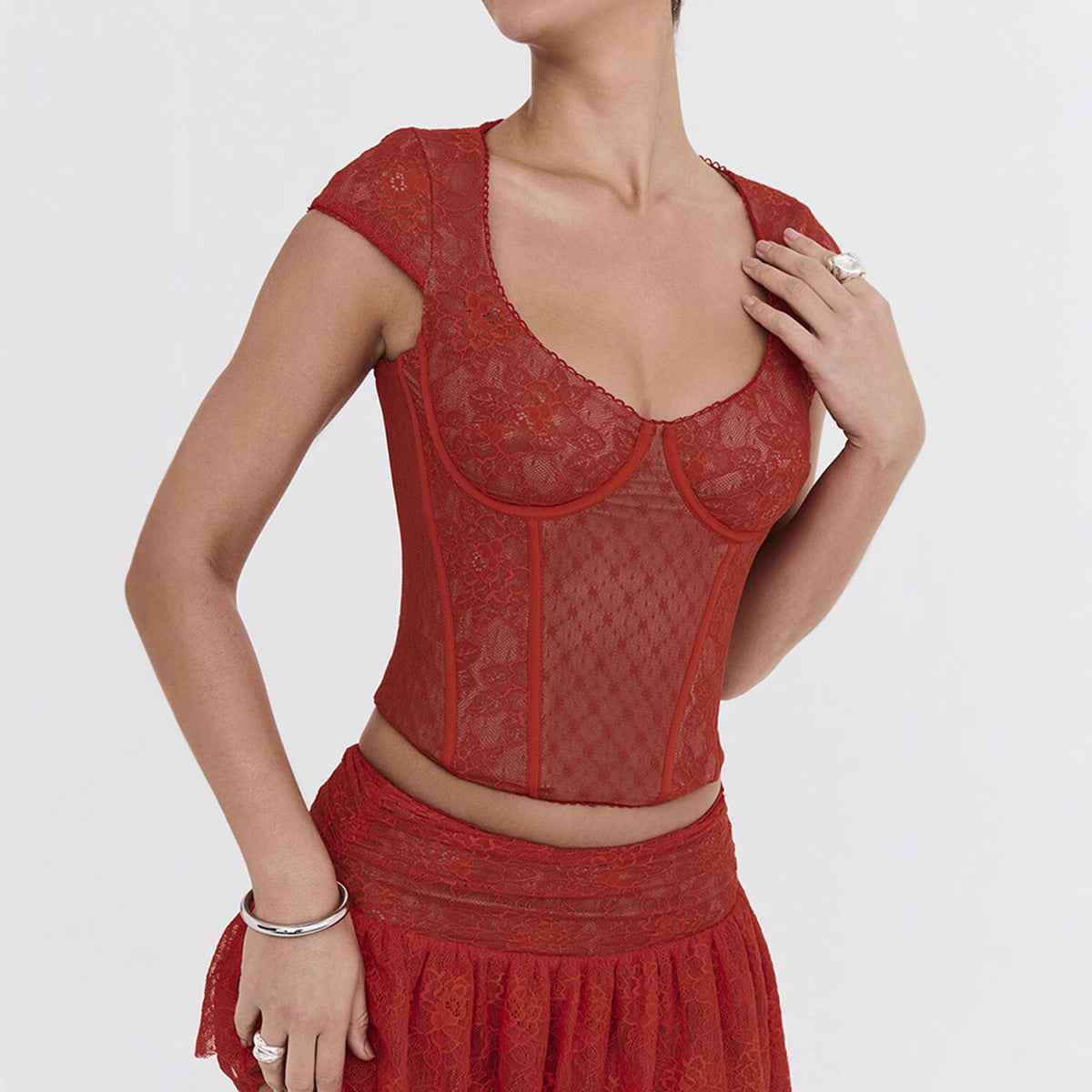 French-style Lace Polka-Dot Spliced Fishbone Lace Top