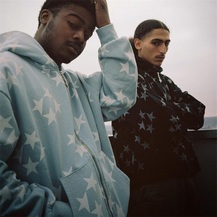 Stars Printed Zipper Hooded Cardigan Couple Fashion Outerwear Hoodies Sweatshirt Street Men Women Coat by Mirlaine Univers