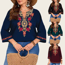 Fashionable Casual V-Neck Ethnic-Style Printed Three-Quarter-Sleeve Shirt Top