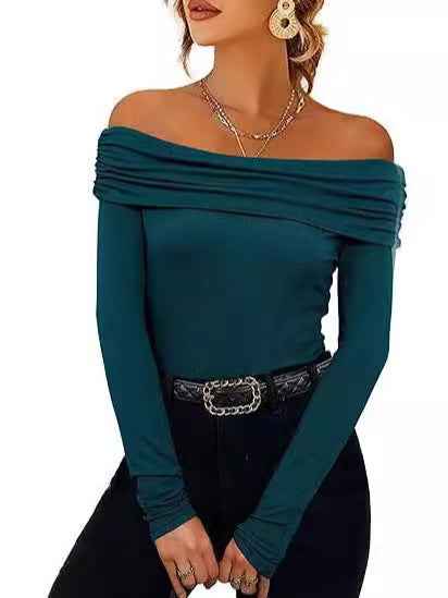 Womens Off-shoulder Figure-hugging Long-sleeve Slip Dress With A Boat Neckline
