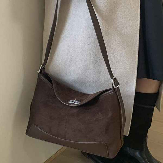 Stylish Suede Lock-Clasp Versatile ShoulderCrossbody Bag