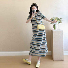Striped Color-Block Crew-Neck Short-Sleeve Maternity Dress
