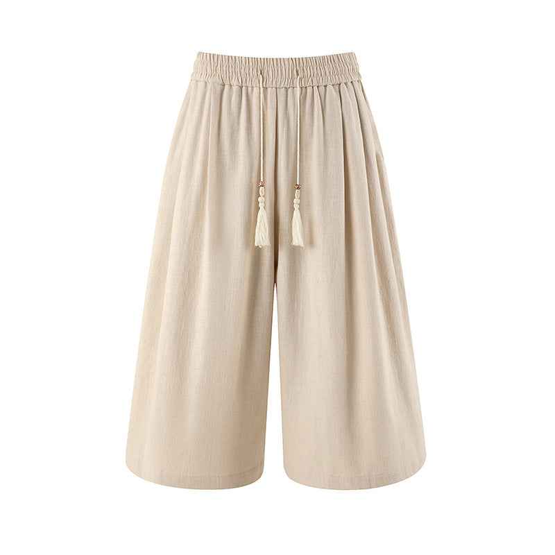 Retro Cotton-linen Wide-leg Casual Capri Pants