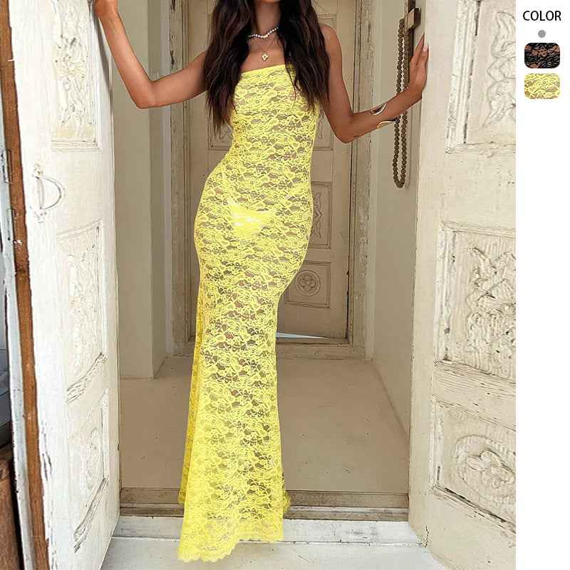 Lace-spliced Strap-backless Long Tube Dress For Women