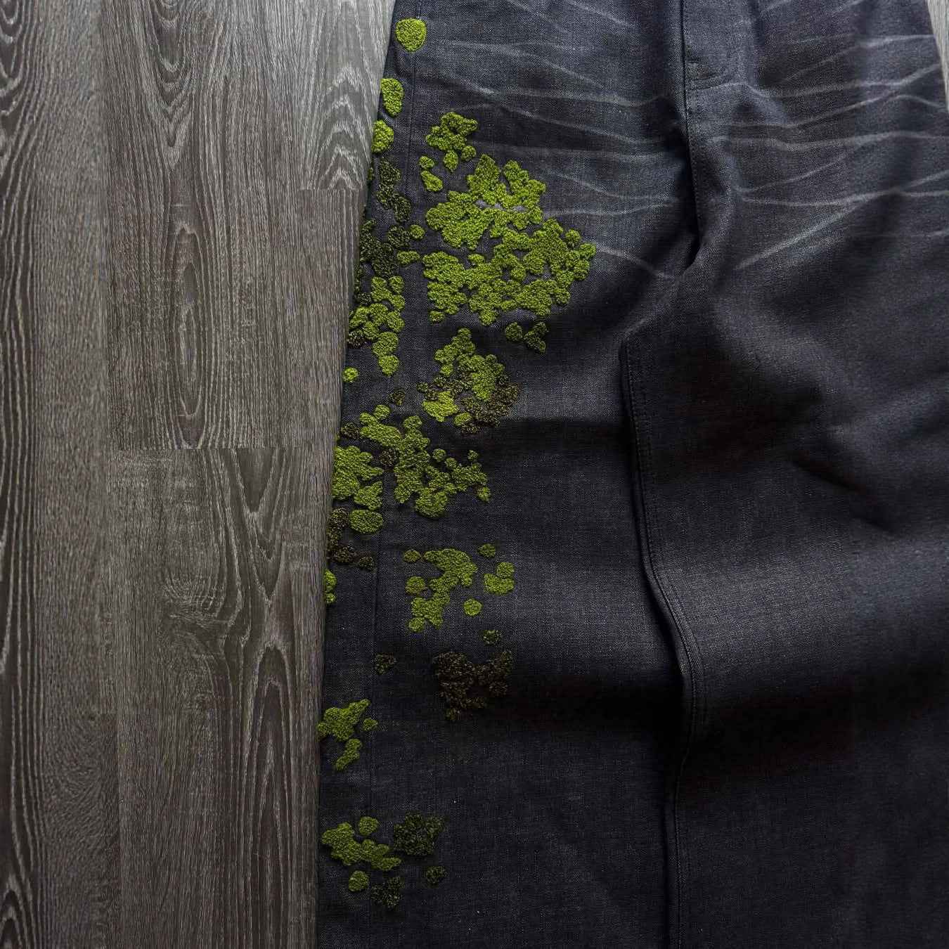 Street-style Denim Straight-leg Pants With Floral Embroidery