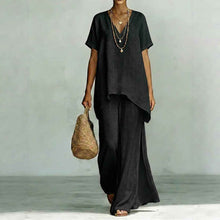 V-neck Short-sleeve Fashionable Loose Top And Wide-leg Pants Set