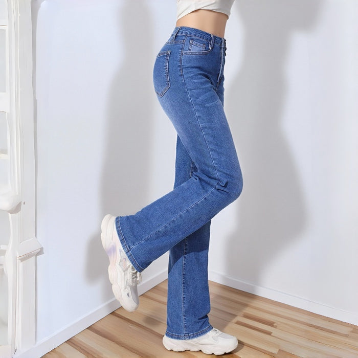 Women's High Waist Light Wash Wide Leg Jeans, Mid-Stretch Straight Leg Denim Pants