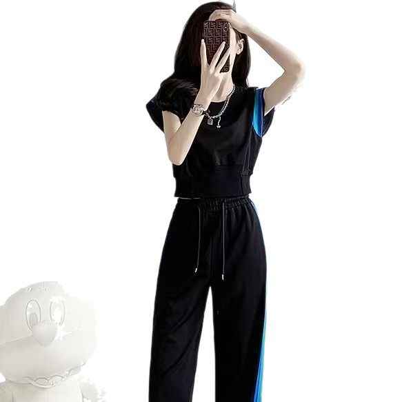 Women's Summer High-End Contrasting Color Short-Sleeve Top And High-Waist Wide-Leg Pants Two-Piece Set