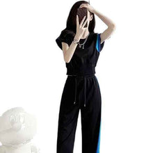 Women's Summer High-End Contrasting Color Short-Sleeve Top And High-Waist Wide-Leg Pants Two-Piece Set