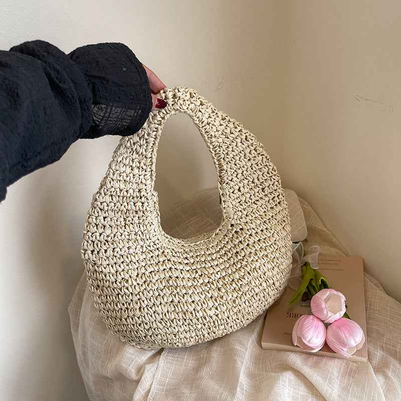 Beach-style Straw Sand Beach Bag Solid-color Crescent-shaped Tote