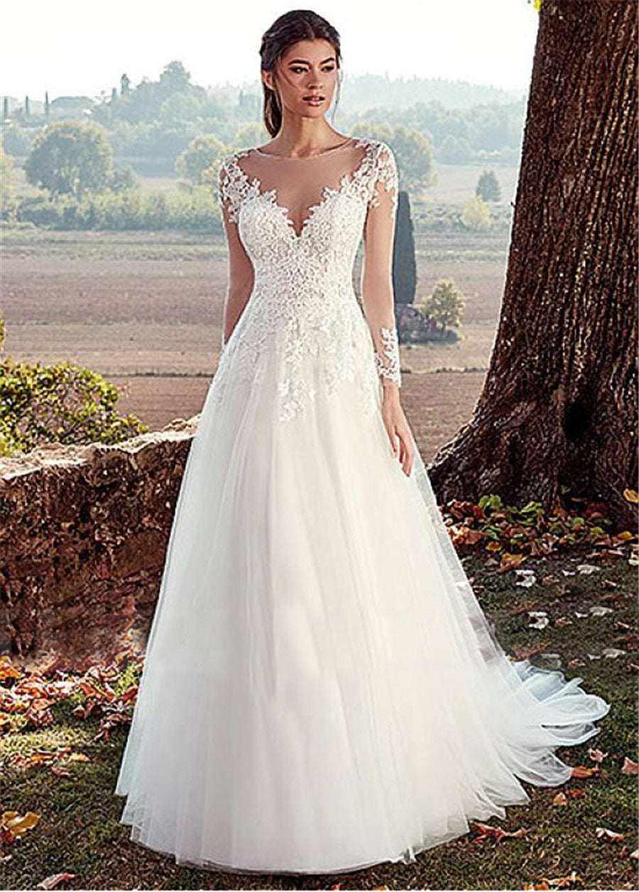 High U-neck Lace Long Sleeve A- Line Long Tail Simple Wedding Dress by Mirlaine Univers