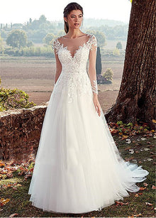 High U-neck Lace Long Sleeve A- Line Long Tail Simple Wedding Dress by Mirlaine Univers