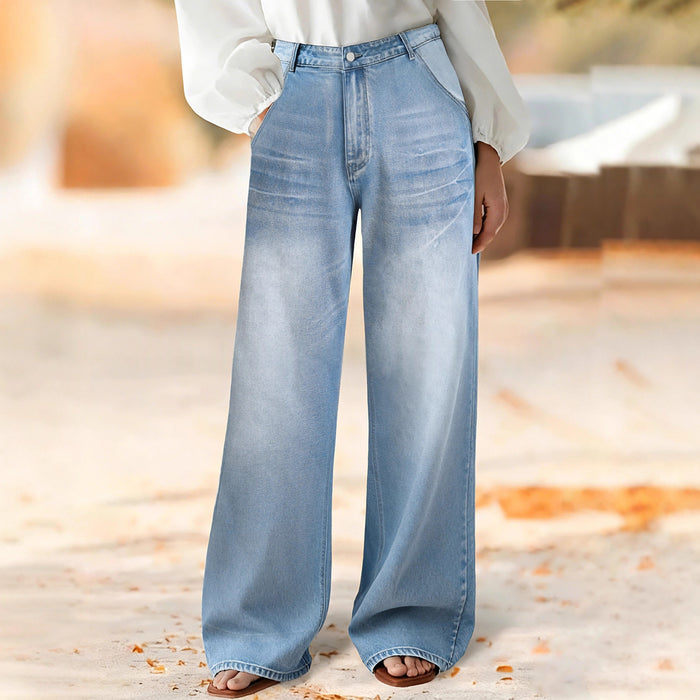Jean droit et large minimaliste en denim non extensible à taille haute avec poches