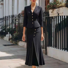 Three-quarter-sleeve Blazer And Long Skirt Set With Buttons And A Slit Mid-length Skirt
