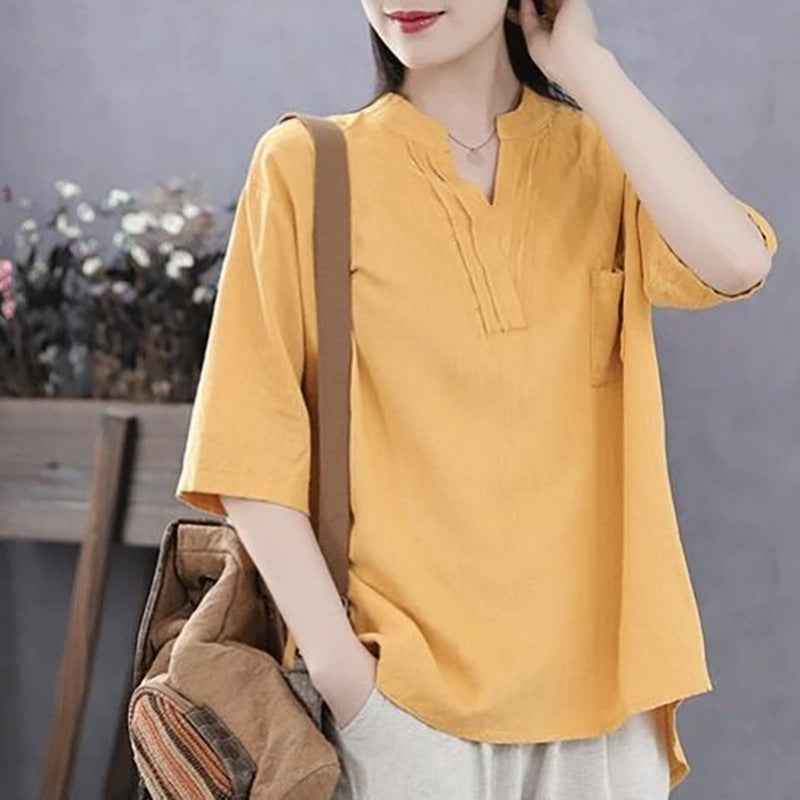 Casual Youthful Retro Summer New V-Neck Cotton-Linen Top