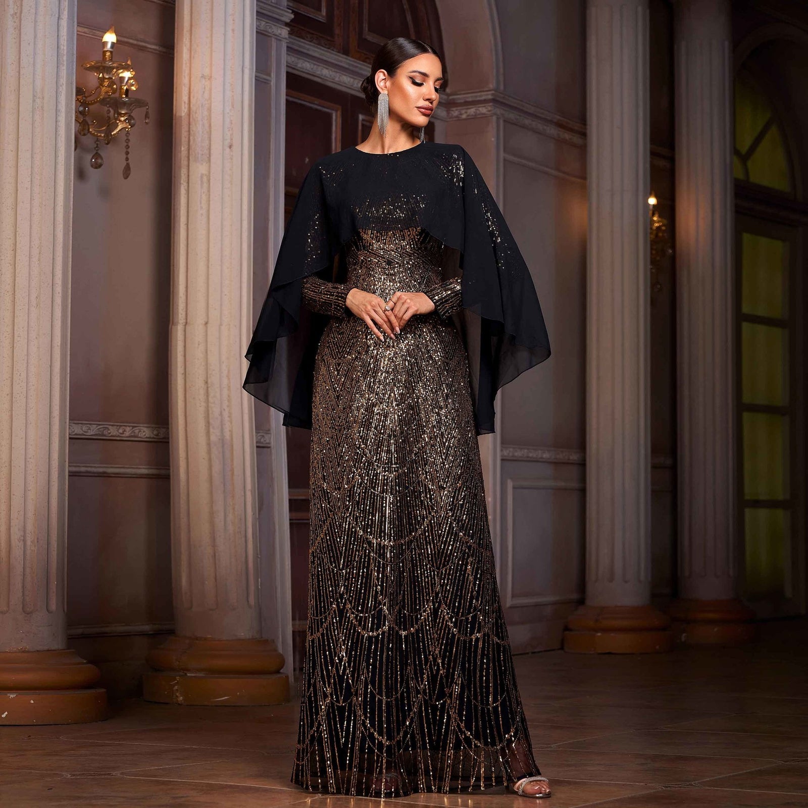 Elegant Long Sleeve Round Neck Shawl Banquet Sequined A- Line Evening Dress by Mirlaine Univers