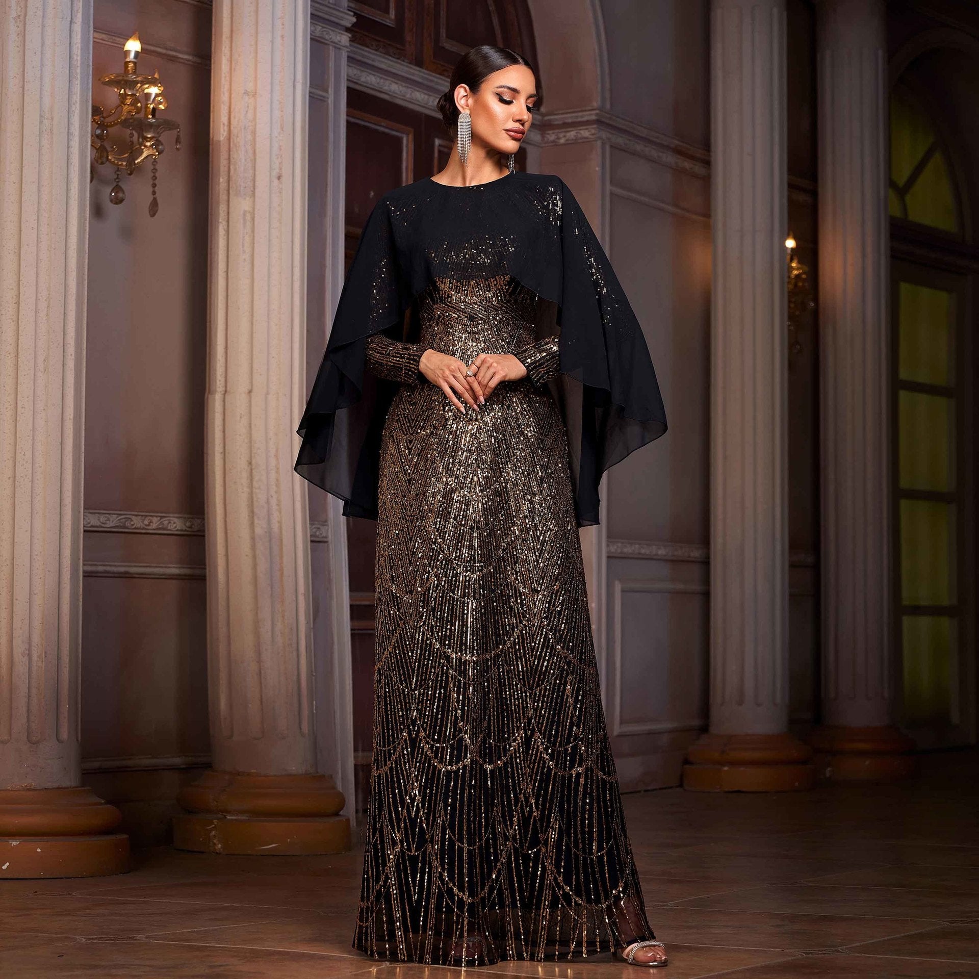 Elegant Long Sleeve Round Neck Shawl Banquet Sequined A- Line Evening Dress by Mirlaine Univers