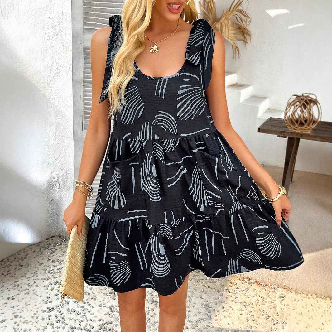 European And American Resort-Style Casual Strappy Printed Slip Dress