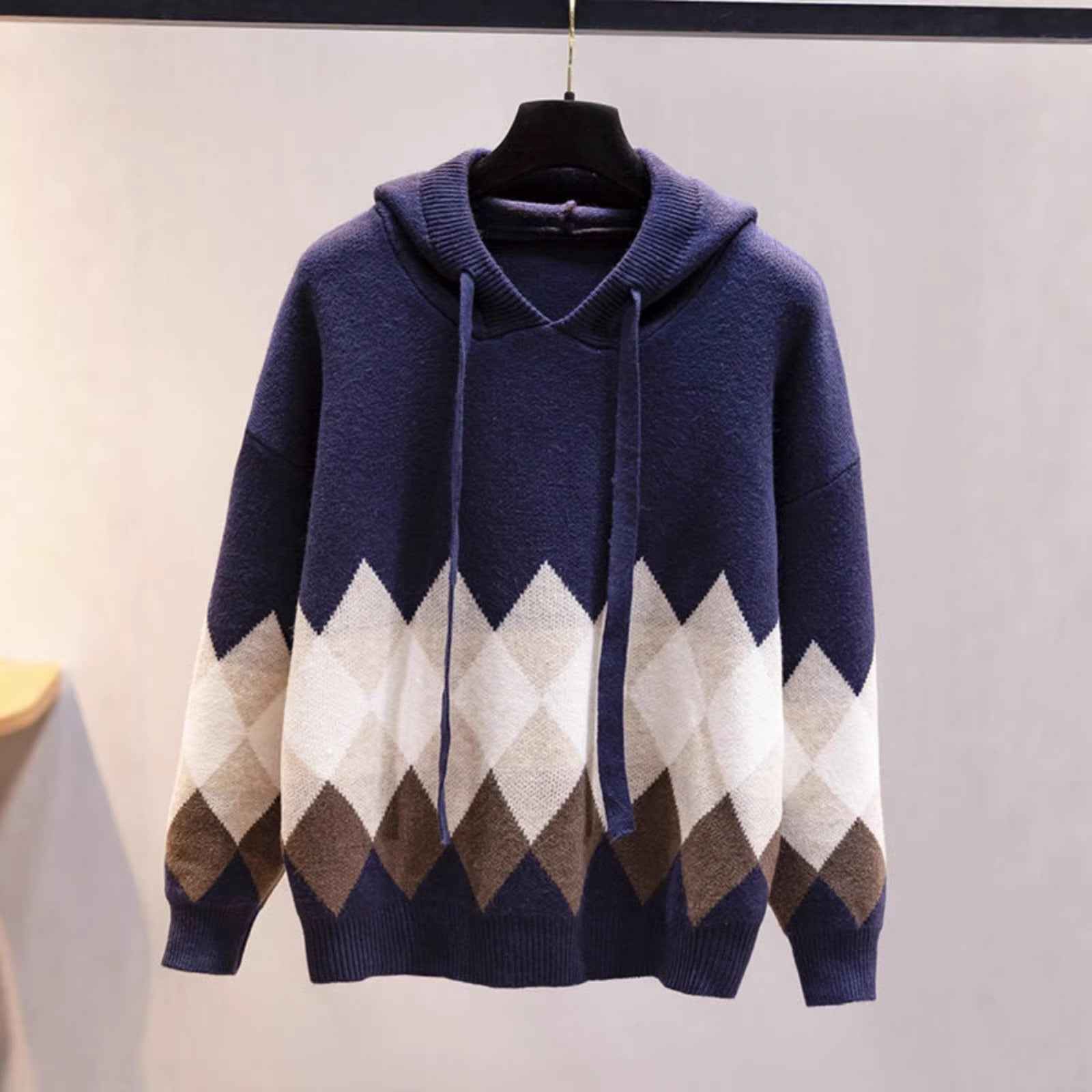 European And American-style Hooded Sweater Loose-fit Diamond-patterned Base Knit Top