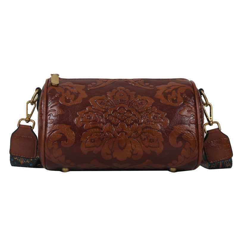 Embossed Round Barrel Crossbody Womens Fashion Shoulder Bag