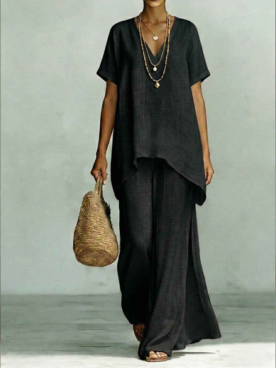 V-neck Short-sleeve Fashionable Loose Top And Wide-leg Pants Set