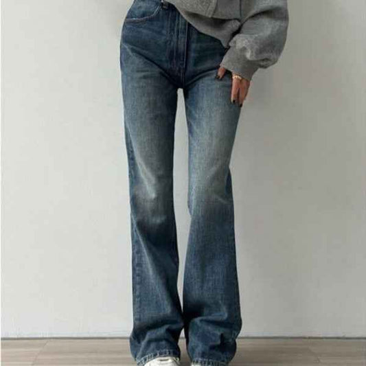 Flared Denim Jeans For Women Straight  Loose-fit Pants Retro