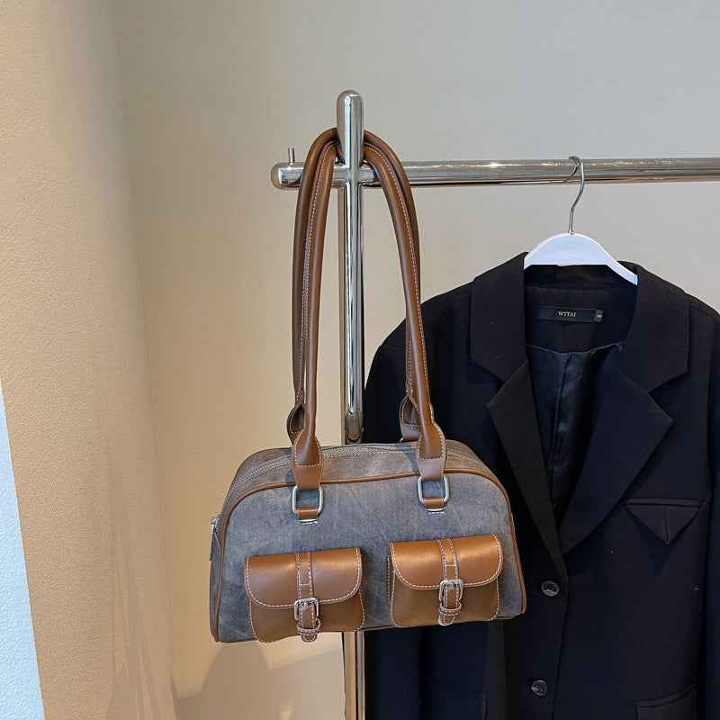 Retro Niche Color-block Commuter Handbag With A Chic Boston-style Underarm Design