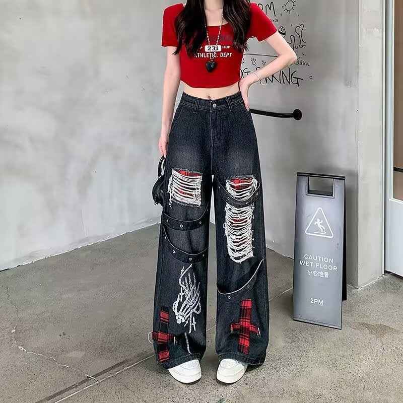 Womens Vintage Washed Distressed Ripped Jeans