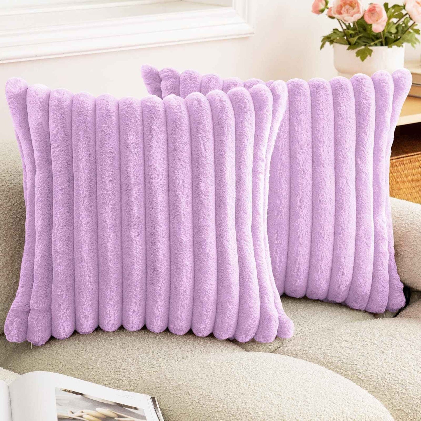 Rabbit Fur Solid Color Vertical Bar Plush Square Cushion Cover