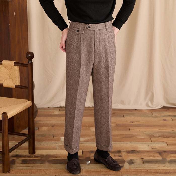 AutumnWinter Houndstooth Wool Suit Pants For Men High-Waisted