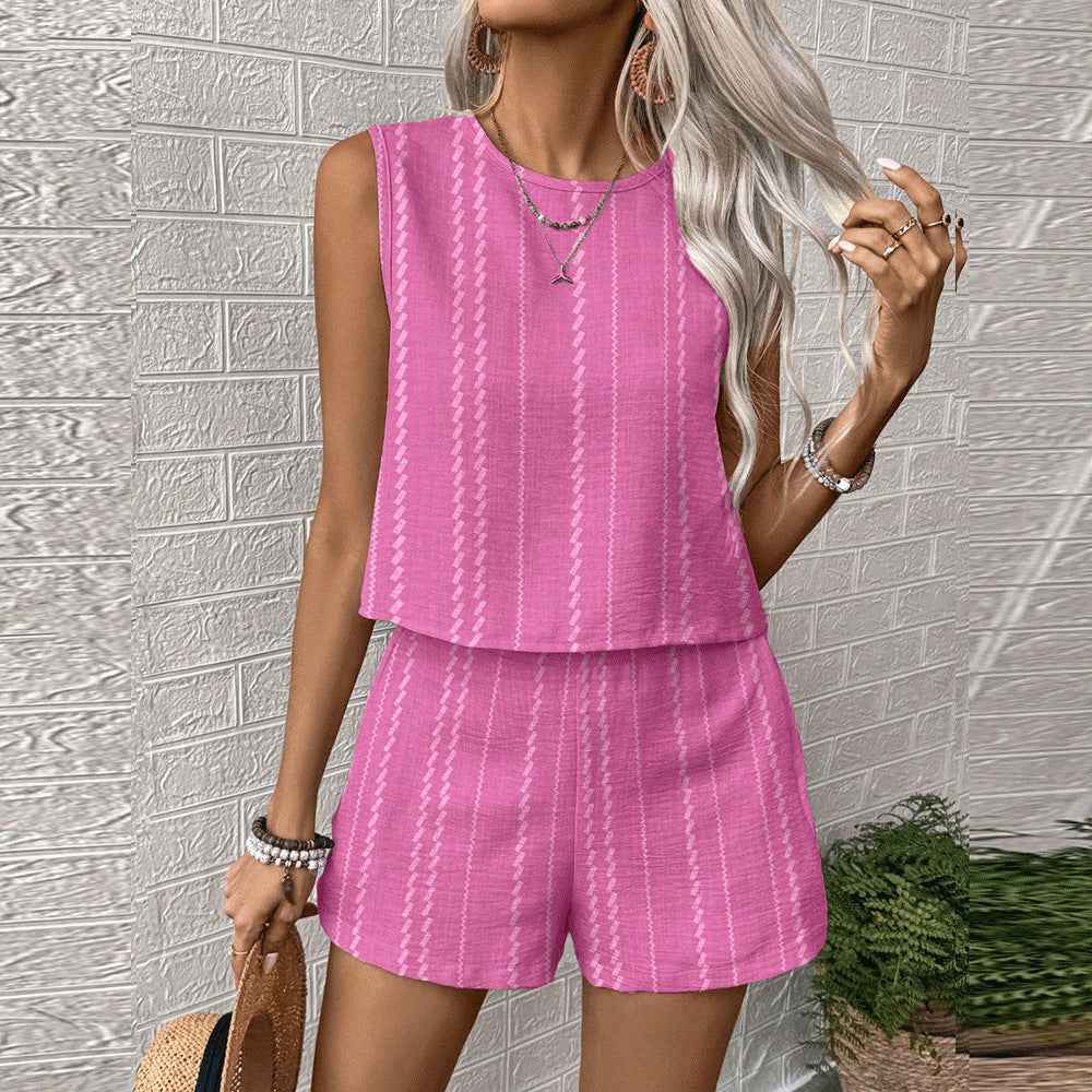 Womens Casual Striped Sleeveless Fashion Top And Shorts Two-Piece Set
