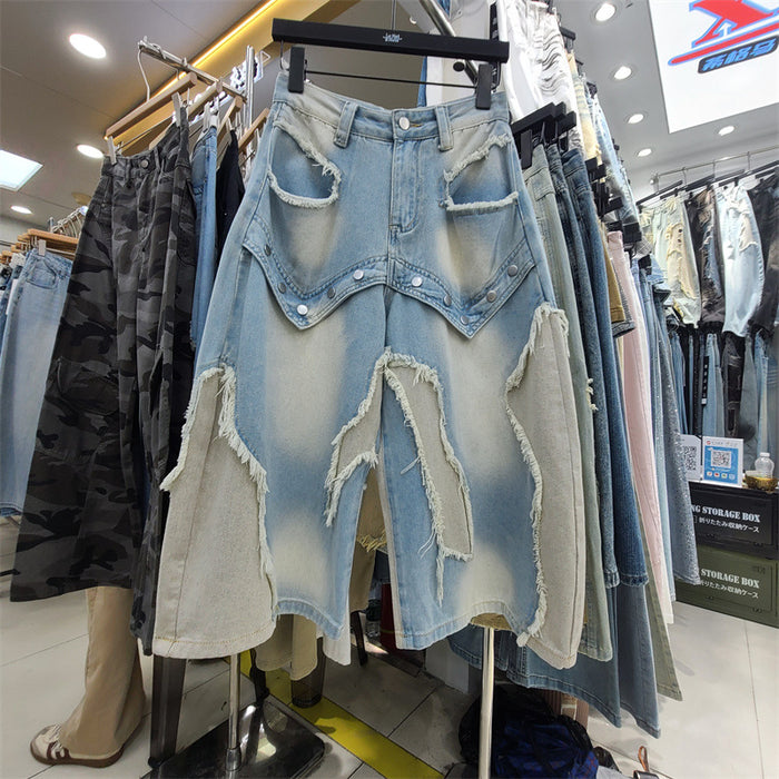 Patchwork Raw-Edge Wide-Leg Denim Jeans For Women
