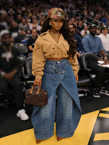 Retro High-waisted Cross-over Metal Buckle Irregular Wide-leg Pants