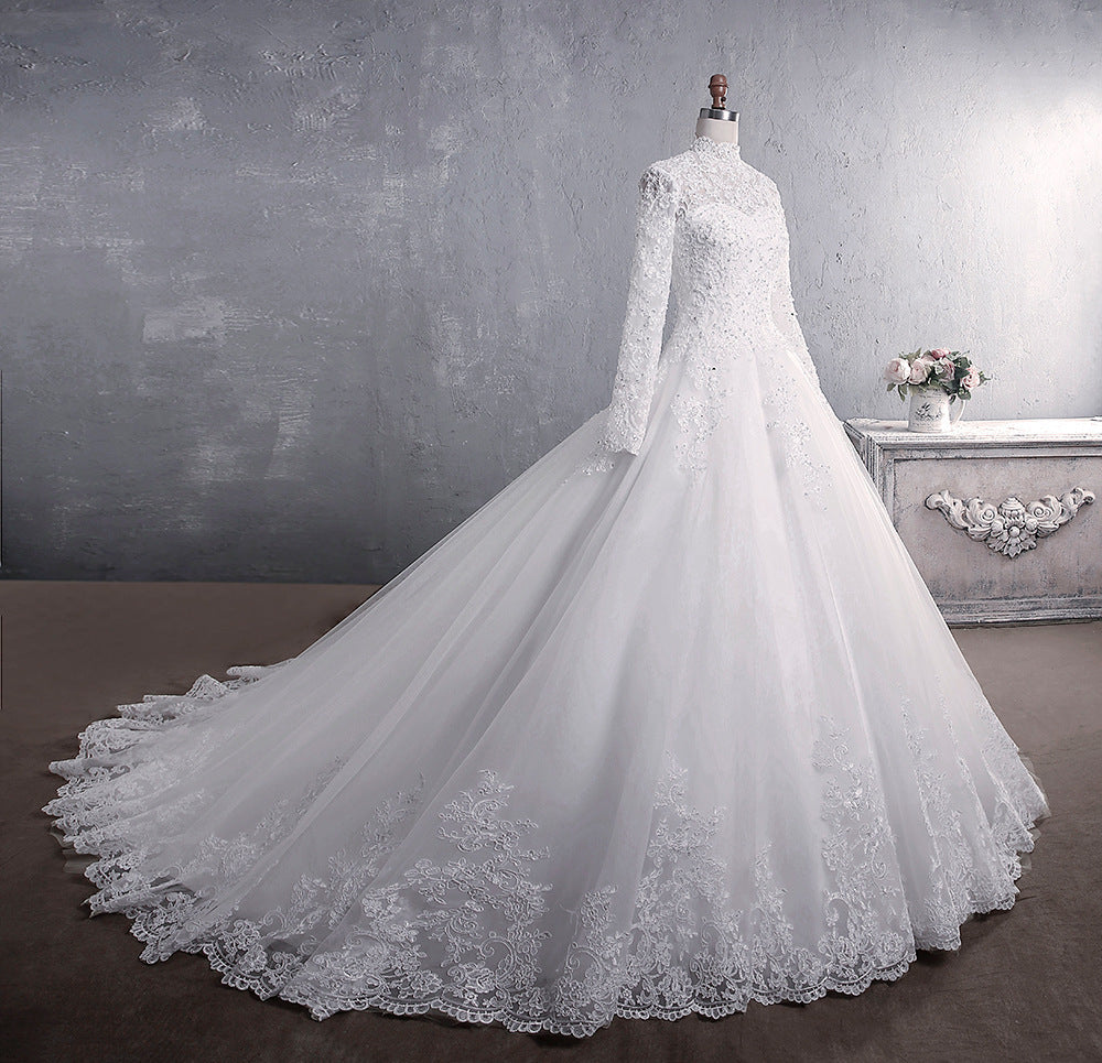 Lace Wedding Dress Bridal Stand-up Collar Long-sleeved Large Tail Large Size by Mirlaine Univers