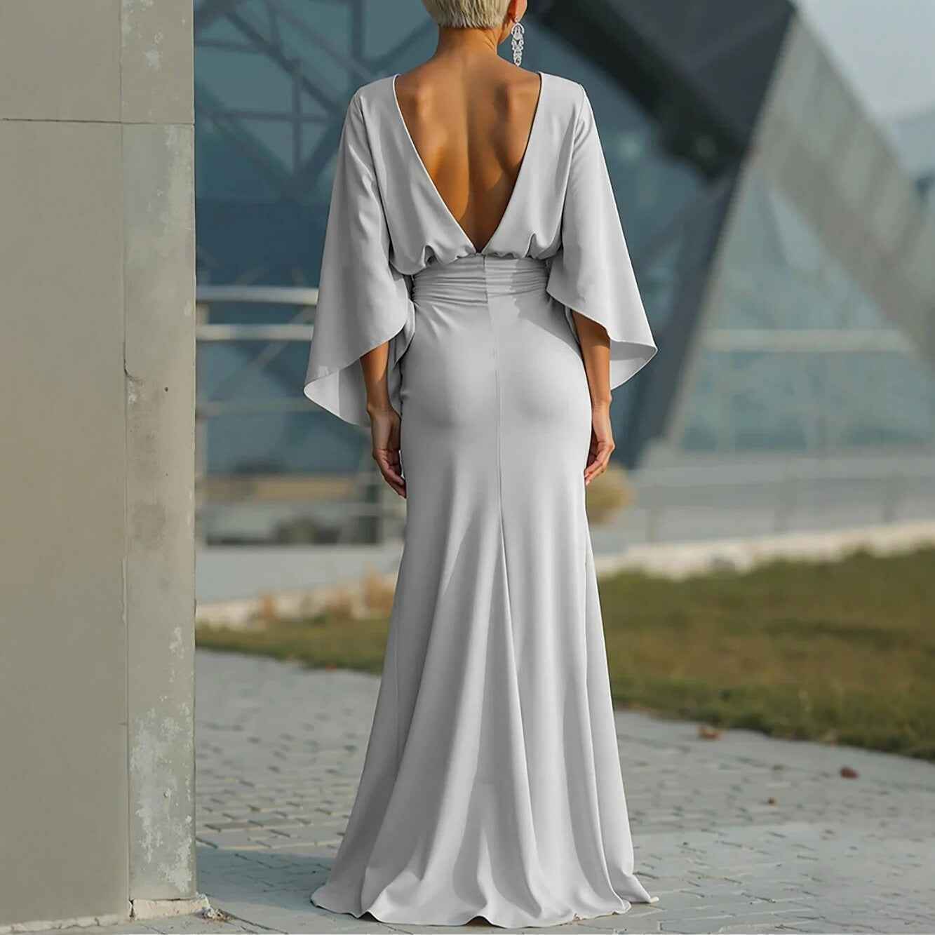 V-neck Waist Trimming Ruffles Elegant Dress