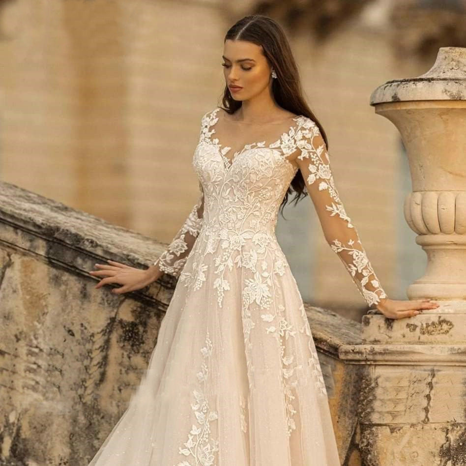 Long Sleeve Wedding Dress Mori Style Bridal Simple Round Neck by Mirlaine Univers