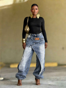 Deconstructed Layered Washed Denim Jeans