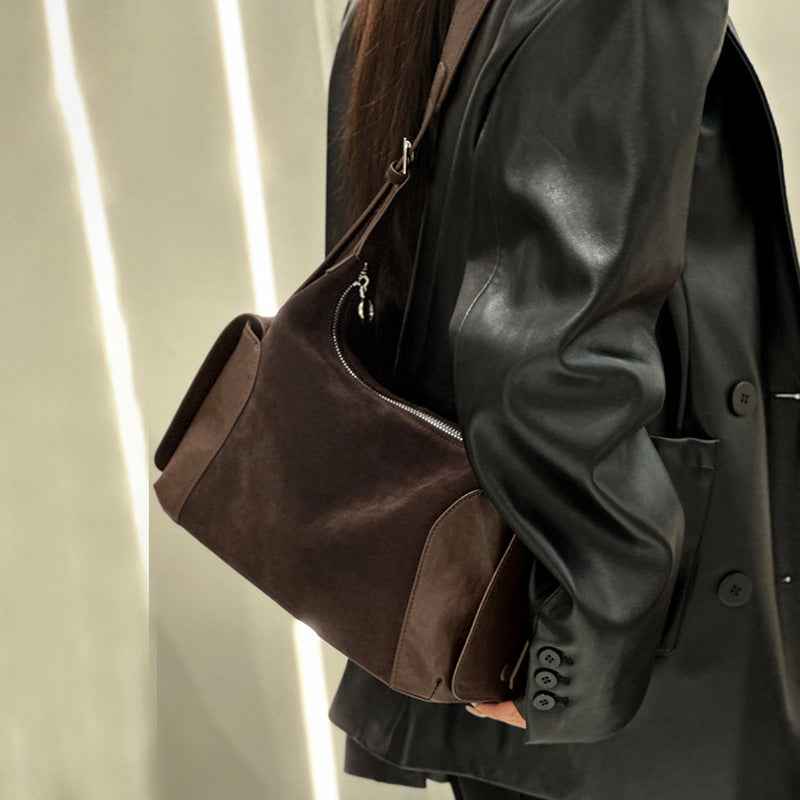 Vintage Boston Bag With Frosted Cowhide And Large Capacity Shoulder Bag