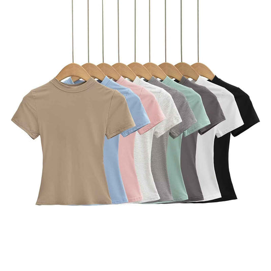 Solid Color Small Round Neck Elastic Shoulder Short Sleeve T-shirt Basic Style Waist-tight