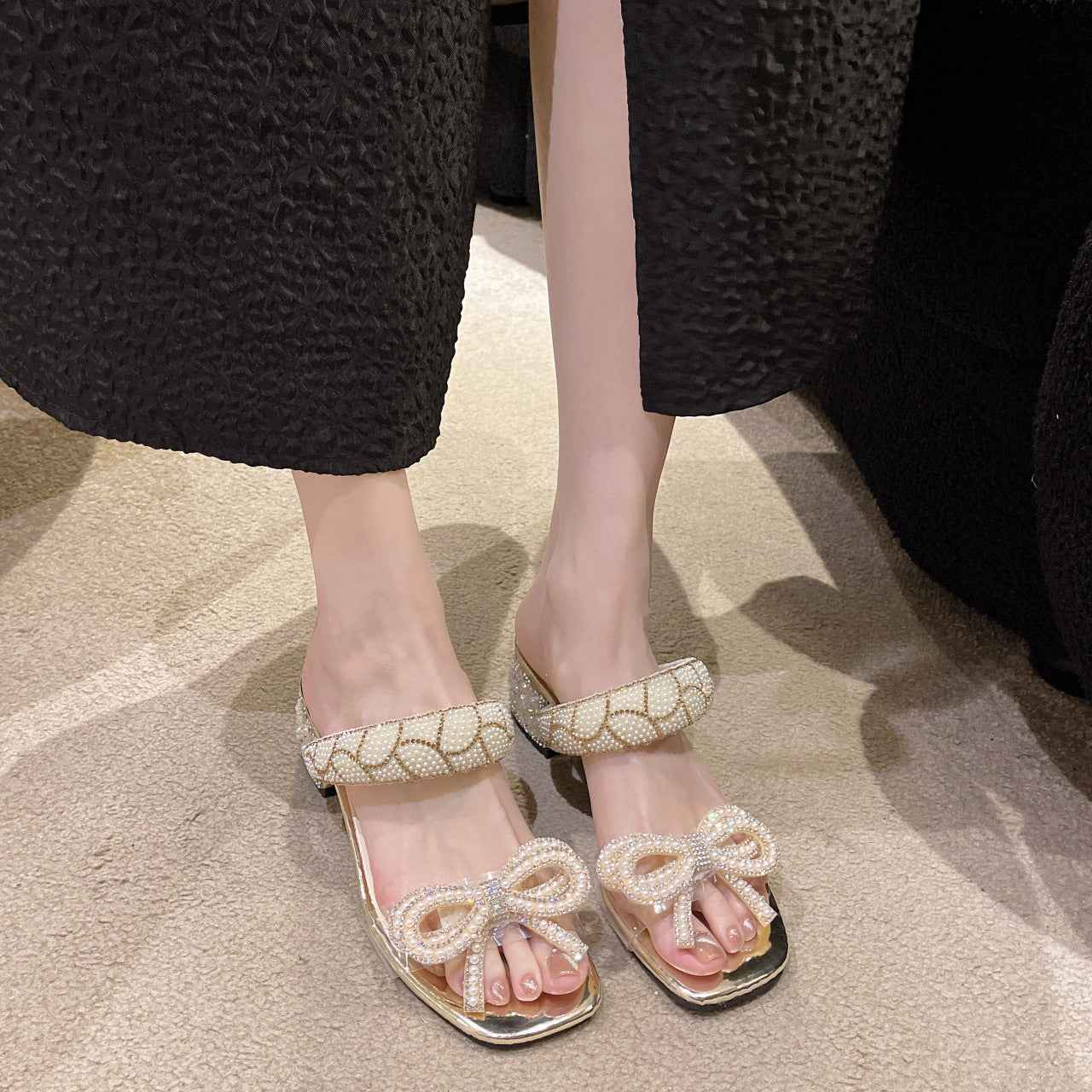Gentle Bowknot Chunky Heel Sandals For Women Summer New One Strap Transparent